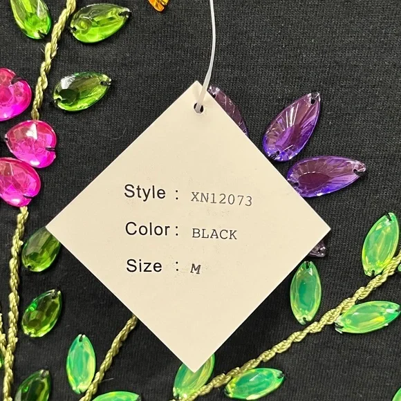 Metro 6 Nina Leonard Black Scoop Neck Floral Jeweled 3/4 Sleeve Top Size Medium - Picture 7 of 8